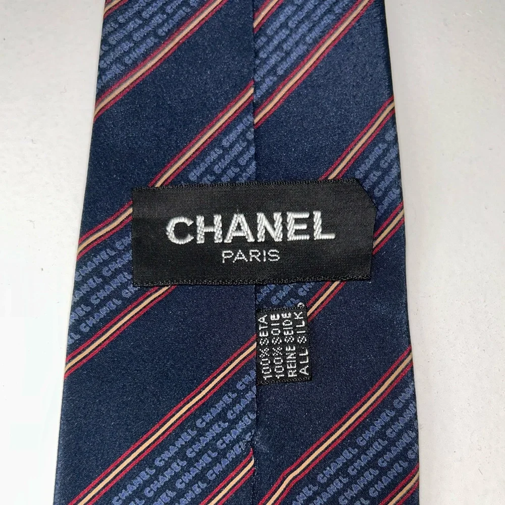 Chanel Navy Blue & Red Striped Men's Silk Neck Tie - Picture 7 of 9